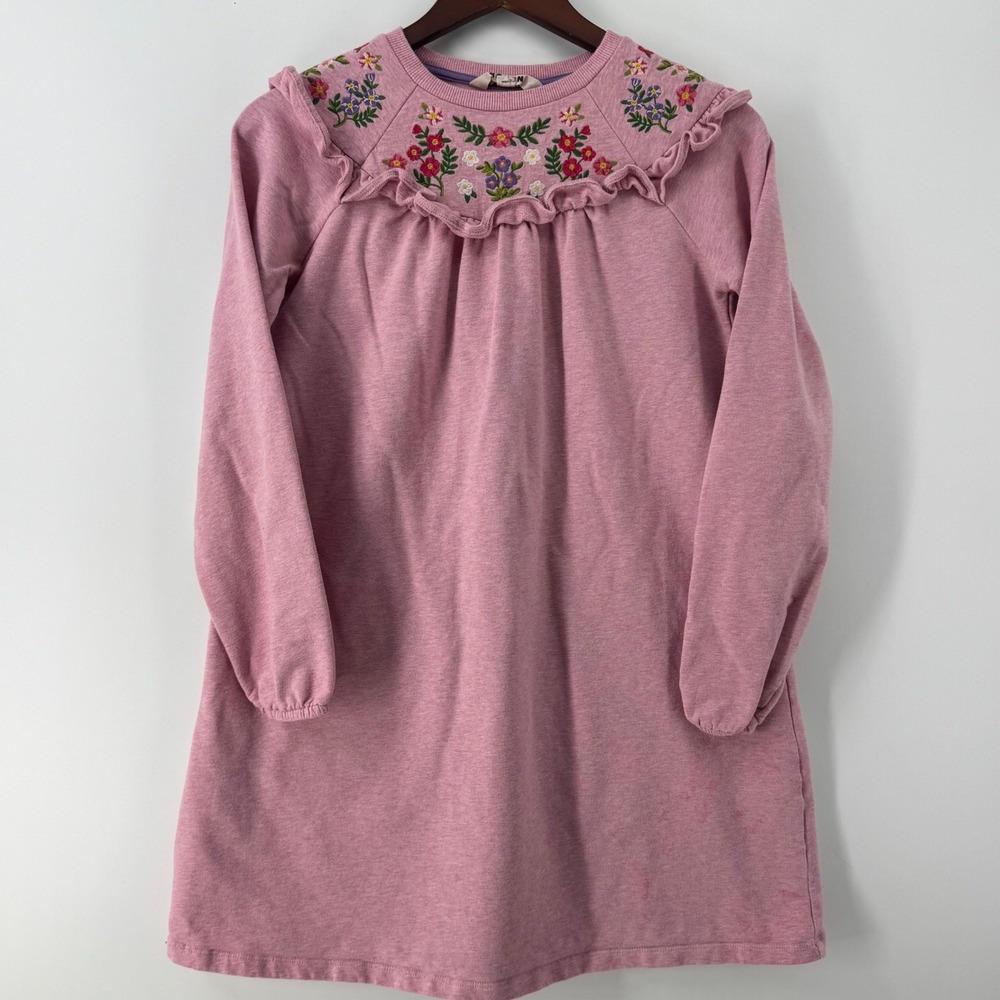 Mini Boden Girls Pink Floral Embroidered Ruffle Yoke Jersey Dress 11-12Y